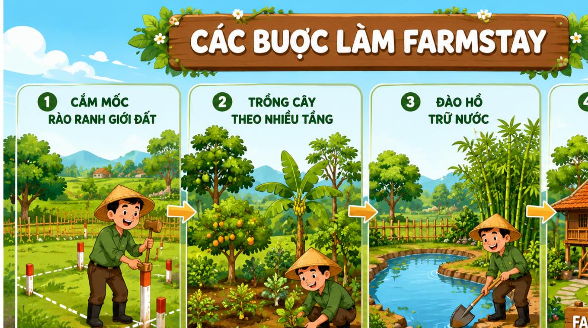 farmstay các bước triển khai - hình hoạt hình 4 bước làm farmstay