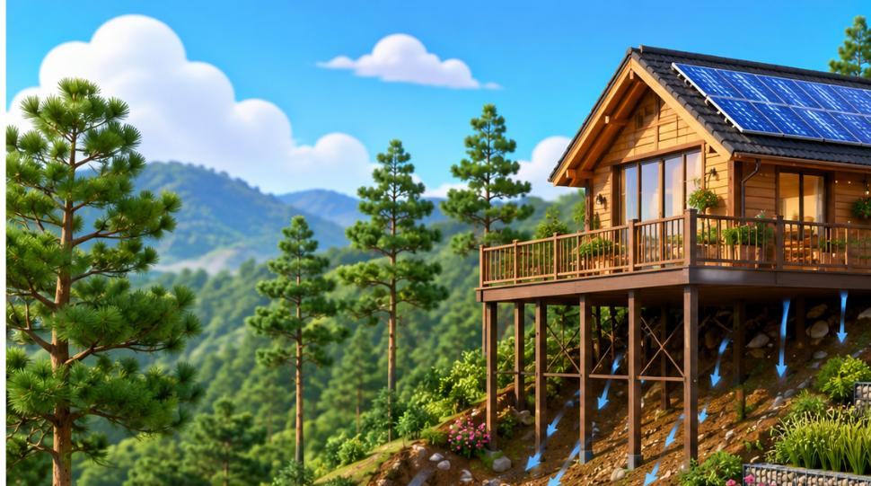 Minh họa kỹ thuật xây dựng farmstay trên đất dốc chống sạt lở bằng sàn nâng