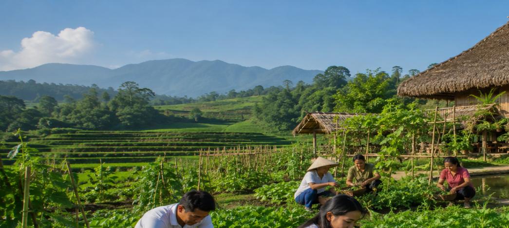 Khu farmstay ở Việt Nam với nhà gỗ mái lá, vườn rau và ruộng bậc thang