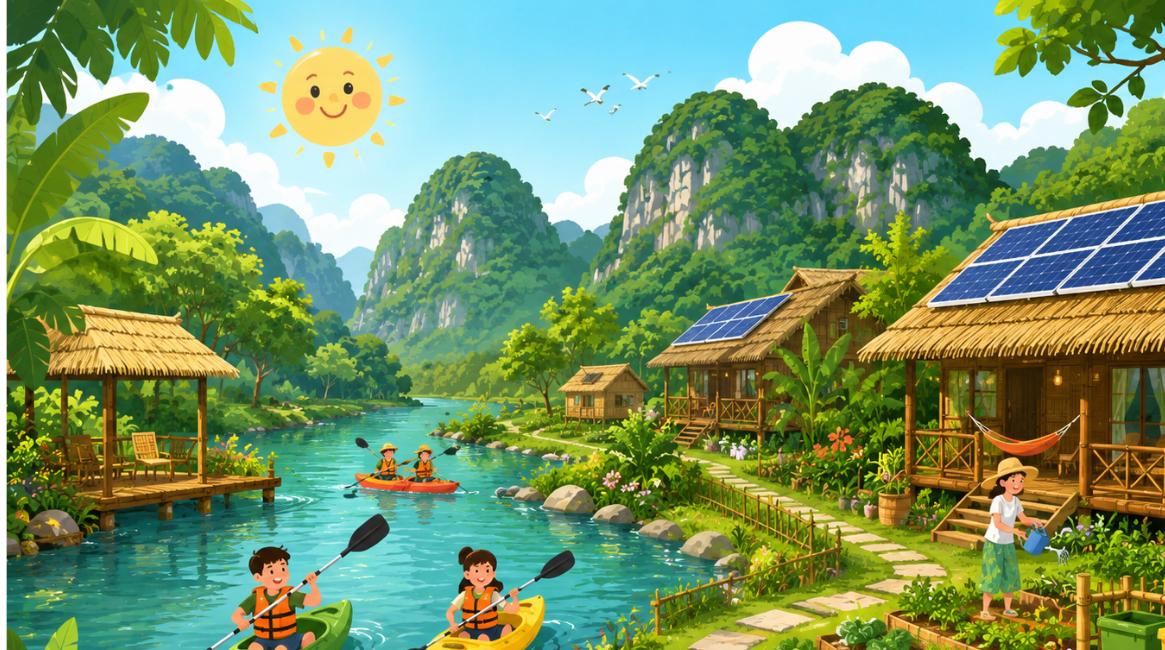 Hình hoạt hình minh họa mô hình farmstay Net Zero Chày Lập với pin mặt trời, chèo kayak và phân loại rác 3R