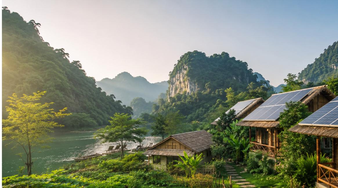 Mô hình farmstay Net Zero Chày Lập bên bờ sông ở Phong Nha - Kẻ Bàng với tấm pin mặt trời