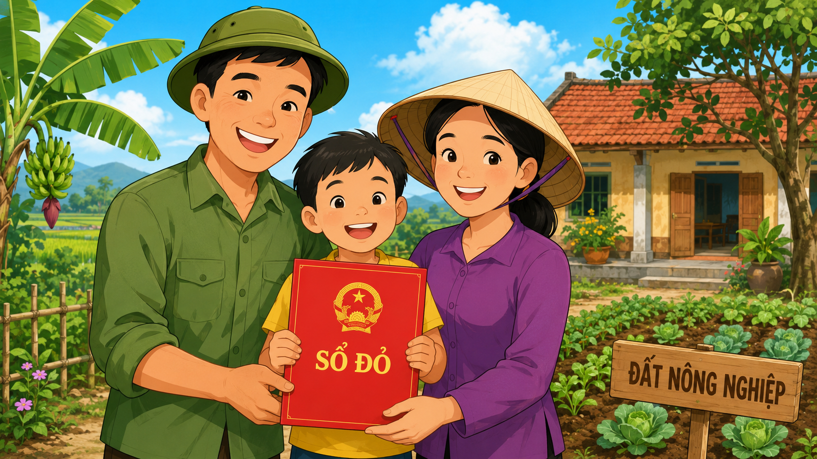 Gia đình nông dân vui mừng nhận sổ đỏ đất nông nghiệp theo Luật Đất đai 2024