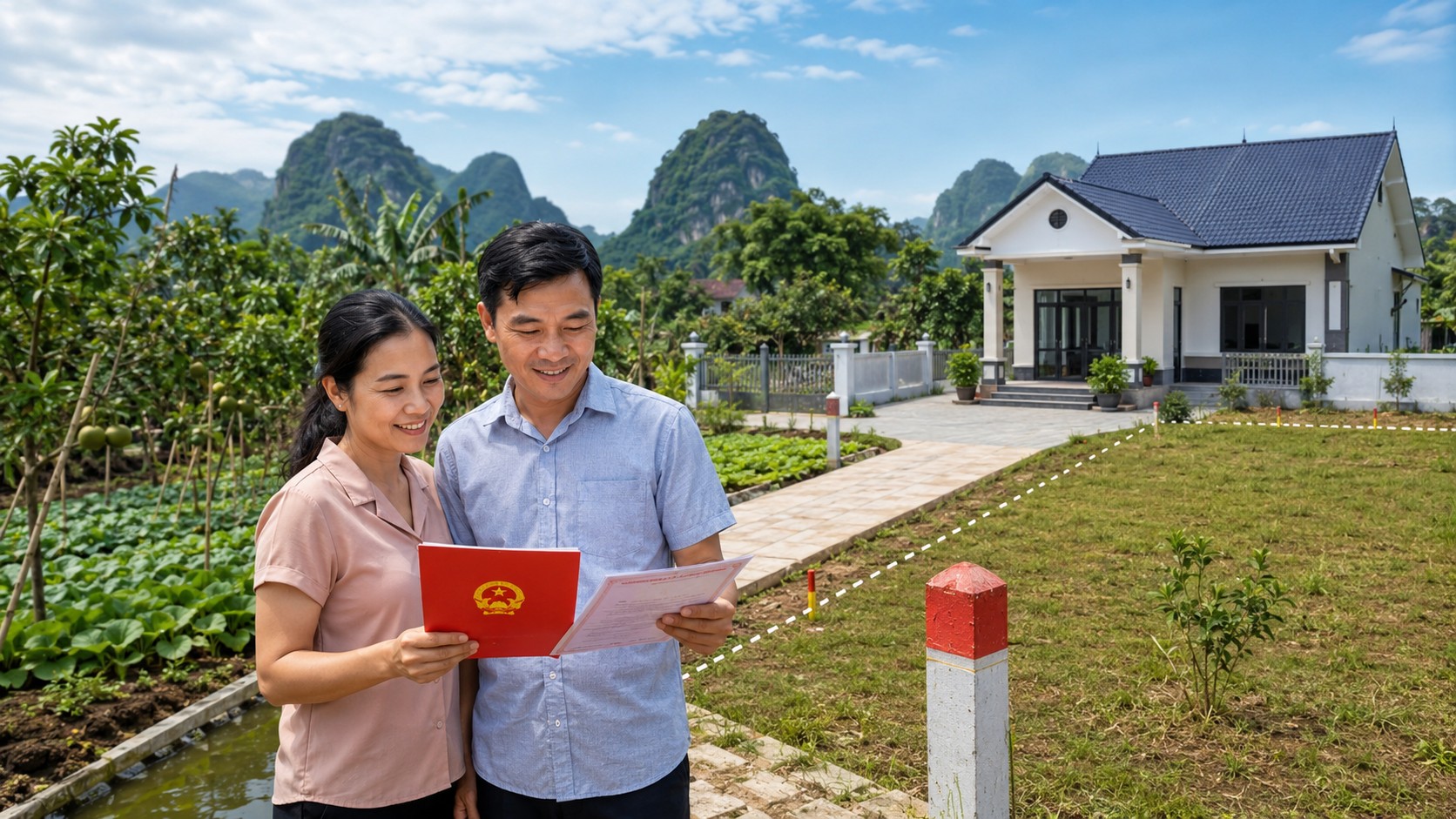 Gia đình nông dân cầm sổ đỏ sau khi chuyển đất nông nghiệp lên thổ cư