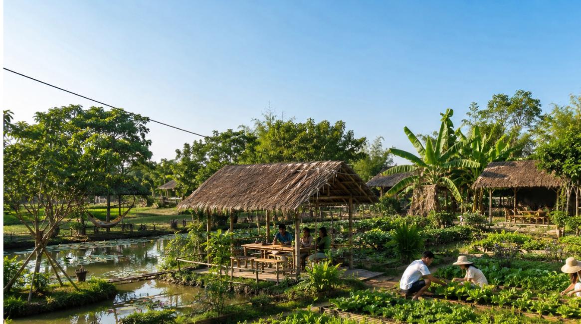 Homestay farmstay trên đất nông nghiệp – khu farmstay với chòi lá và vườn cây xanh ở nông thôn Việt Nam