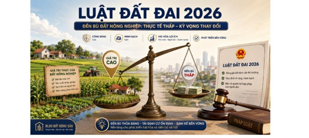 Infographic đền bù đất nông nghiệp theo Luật Đất đai 2026: giá trị thực cao nhưng đền bù thấp