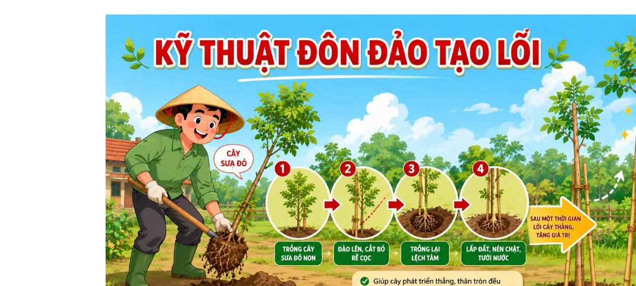 Kỹ thuật đôn đảo tạo lõi cho cây sưa đỏ minh họa hoạt hình