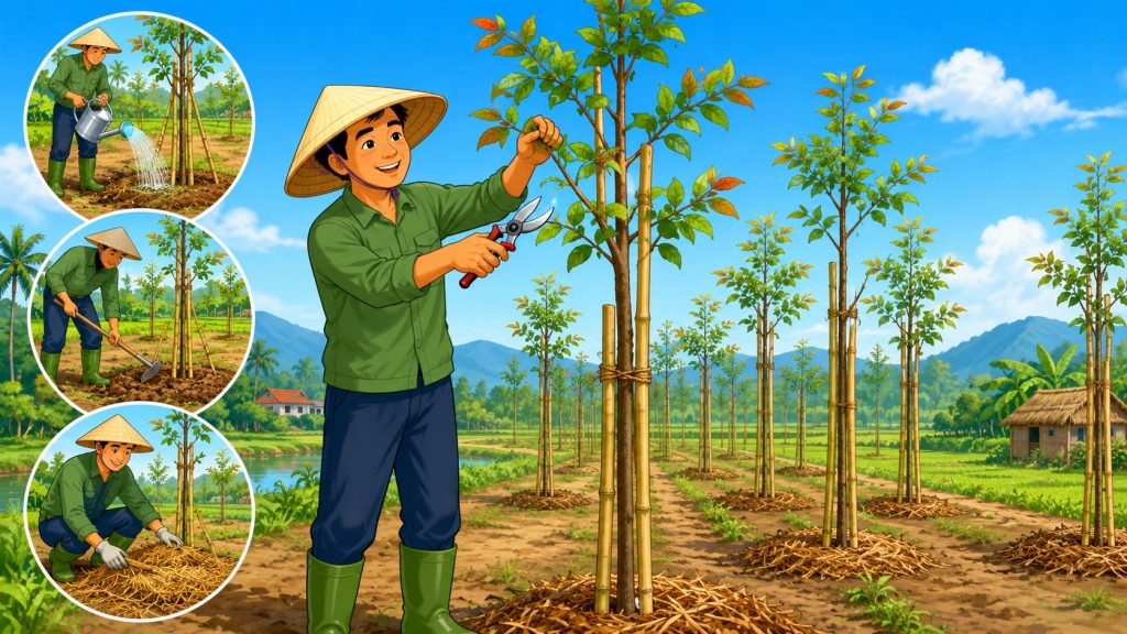 Minh họa kỹ thuật trồng cây sưa đỏ: cắt tỉa, chăm sóc và tạo lõi cho cây