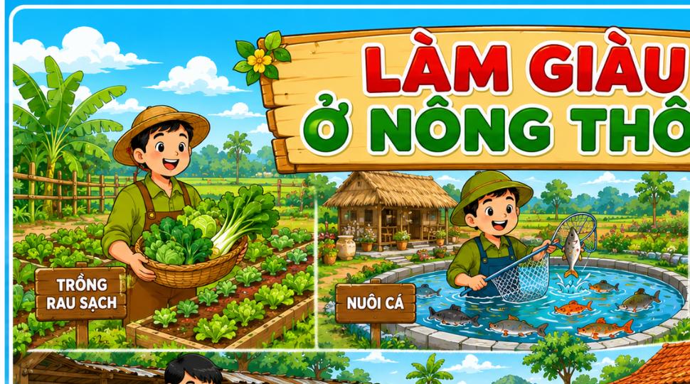 Mô hình làm giàu ở nông thôn - minh họa trồng rau sạch, nuôi cá và homestay nhà vườn