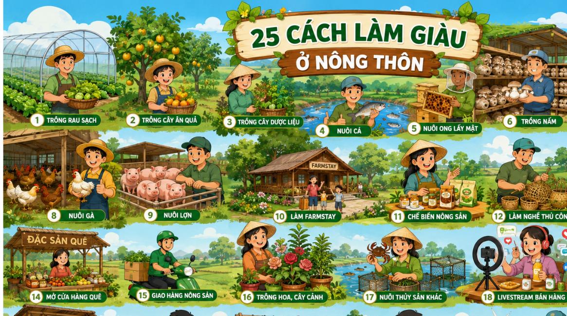 25 cách làm giàu ở nông thôn minh họa hoạt hình từ trồng trọt chăn nuôi đến bán hàng online