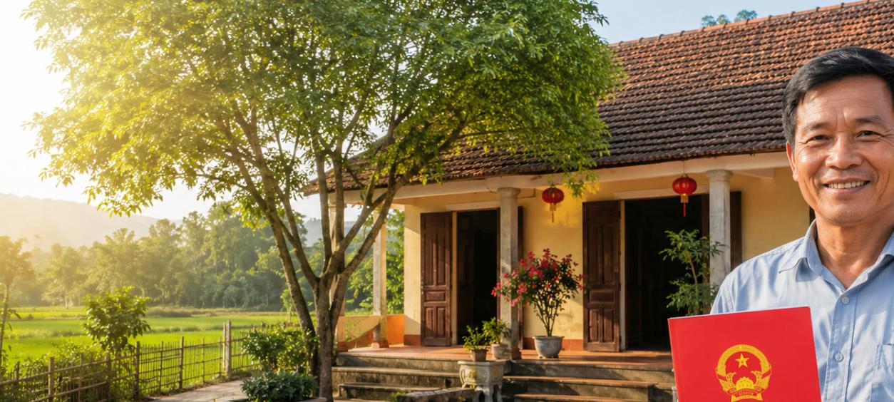Luật Đất đai 2024 miễn 100% chi phí lên đất thổ cư - nông dân cầm sổ đỏ trước ngôi nhà nông thôn