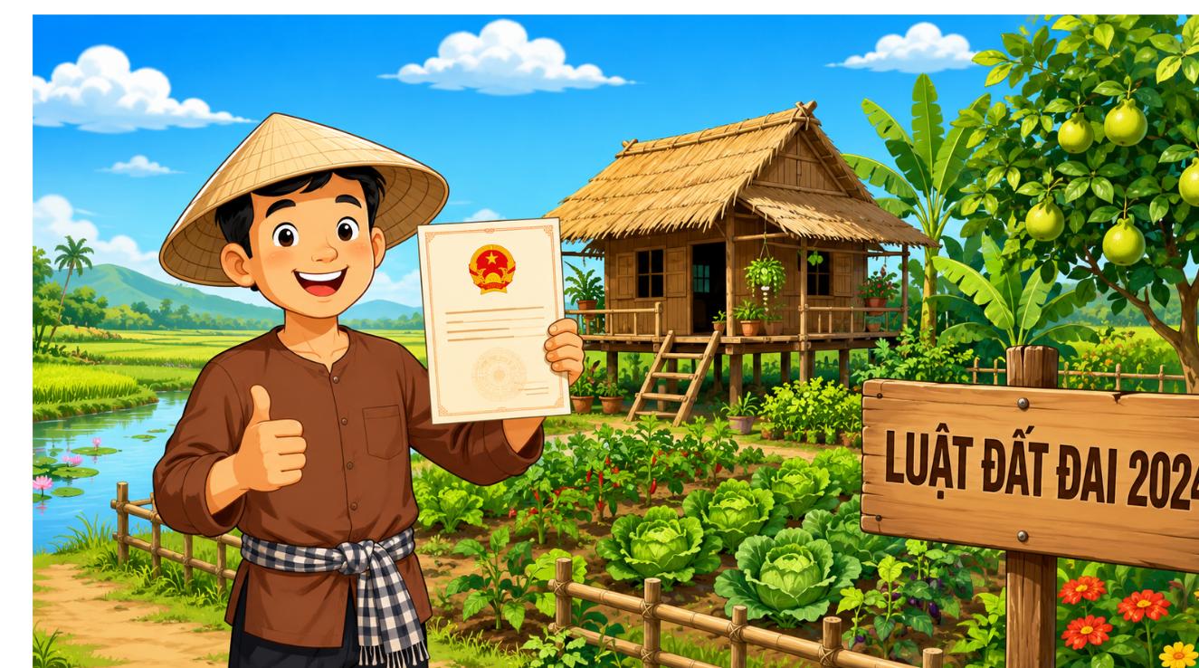 Minh họa hoạt hình nông dân làm homestay trên đất nông nghiệp theo Luật Đất đai 2024
