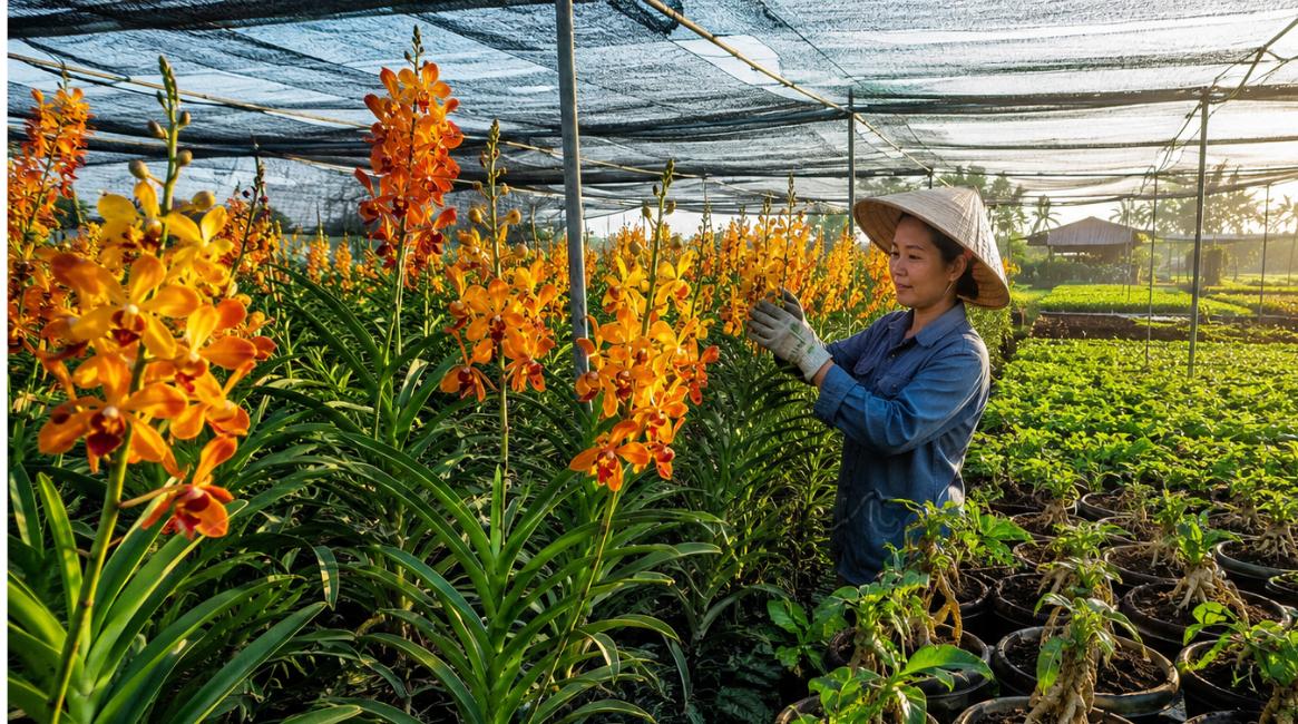 Mô hình nông nghiệp trên đất nông nghiệp với vườn lan Mokara và cây dược liệu