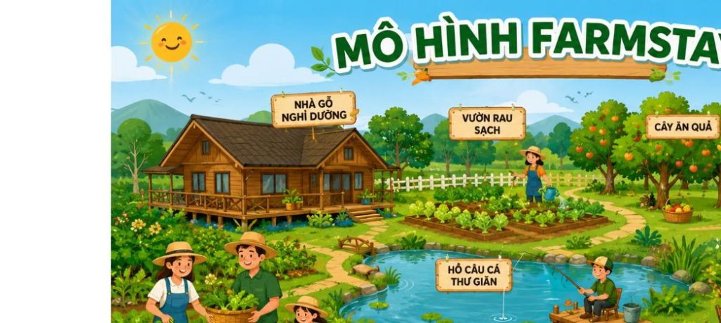 Sơ đồ mô hình farmstay gồm nhà gỗ, vườn rau, cây ăn quả và hồ câu cá