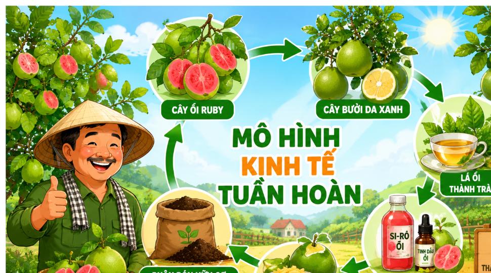 Minh họa mô hình kinh tế tuần hoàn khép kín từ cây ổi Ruby và bưởi da xanh