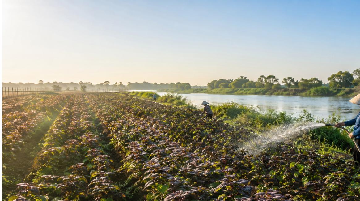 Cánh đồng cây tía tô trên đất nông nghiệp ven sông ở Nghĩa Đồng, Nghệ An