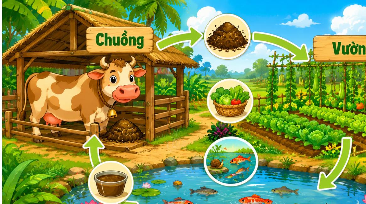 Sơ đồ hoạt hình chu trình VAC khép kín trên đất nông nghiệp: Vườn Ao Chuồng
