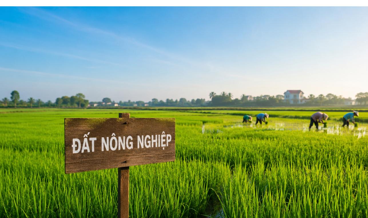 Mua đất nông nghiệp - cánh đồng lúa xanh với biển gỗ ghi Đất Nông Nghiệp