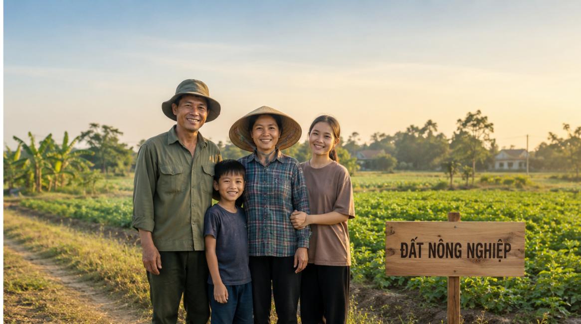 Gia đình nông dân đứng trên thửa đất nông nghiệp vùng ven với biển ghi Đất Nông Nghiệp