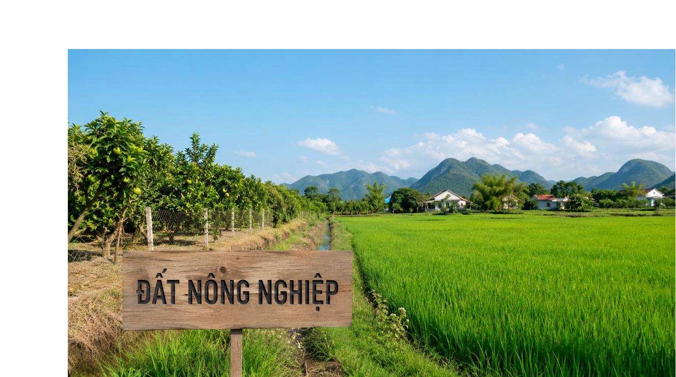 Thửa đất nông nghiệp với ruộng lúa xanh và biển báo mua đất nông nghiệp