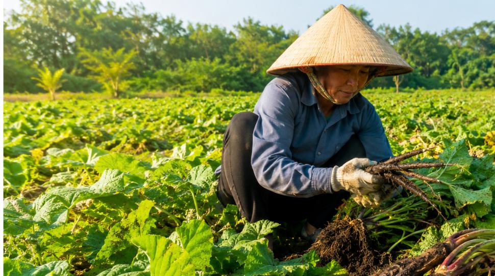 Trồng cây ngưu bàng trên đất nông nghiệp bãi bồi, nông dân thu hoạch củ ngưu bàng