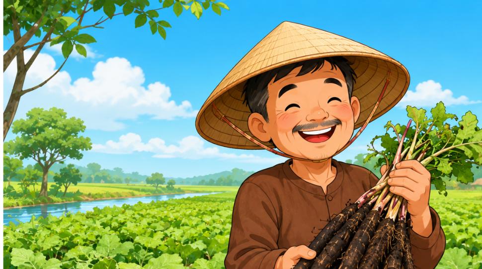Mô hình trồng cây ngưu bàng trên đất nông nghiệp, nông dân vui mừng thu hoạch (ảnh hoạt hình)