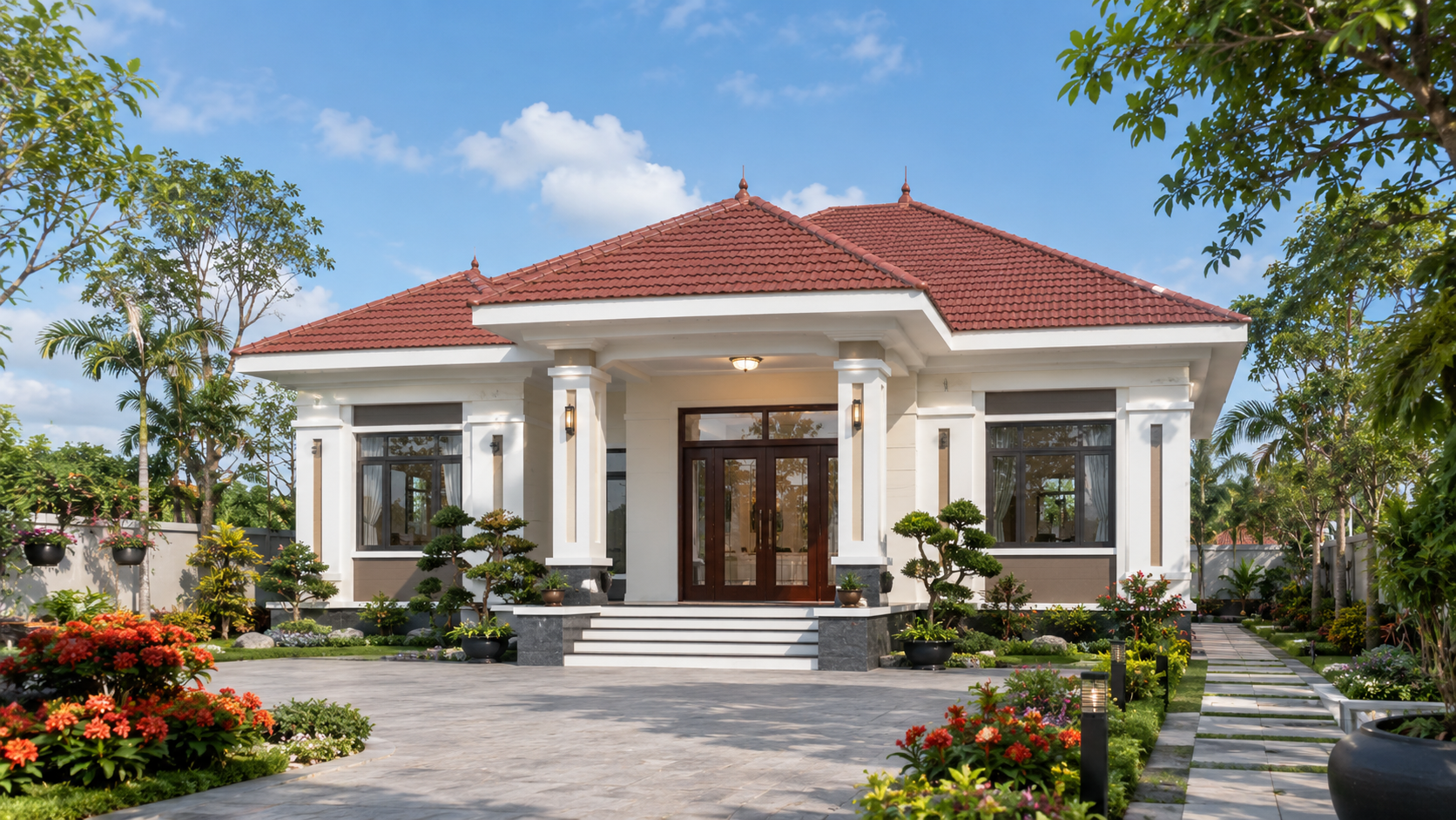 Nhà cấp 4 mái Nhật 10x13m 4 phòng ngủ nhìn từ mặt tiền ban ngày