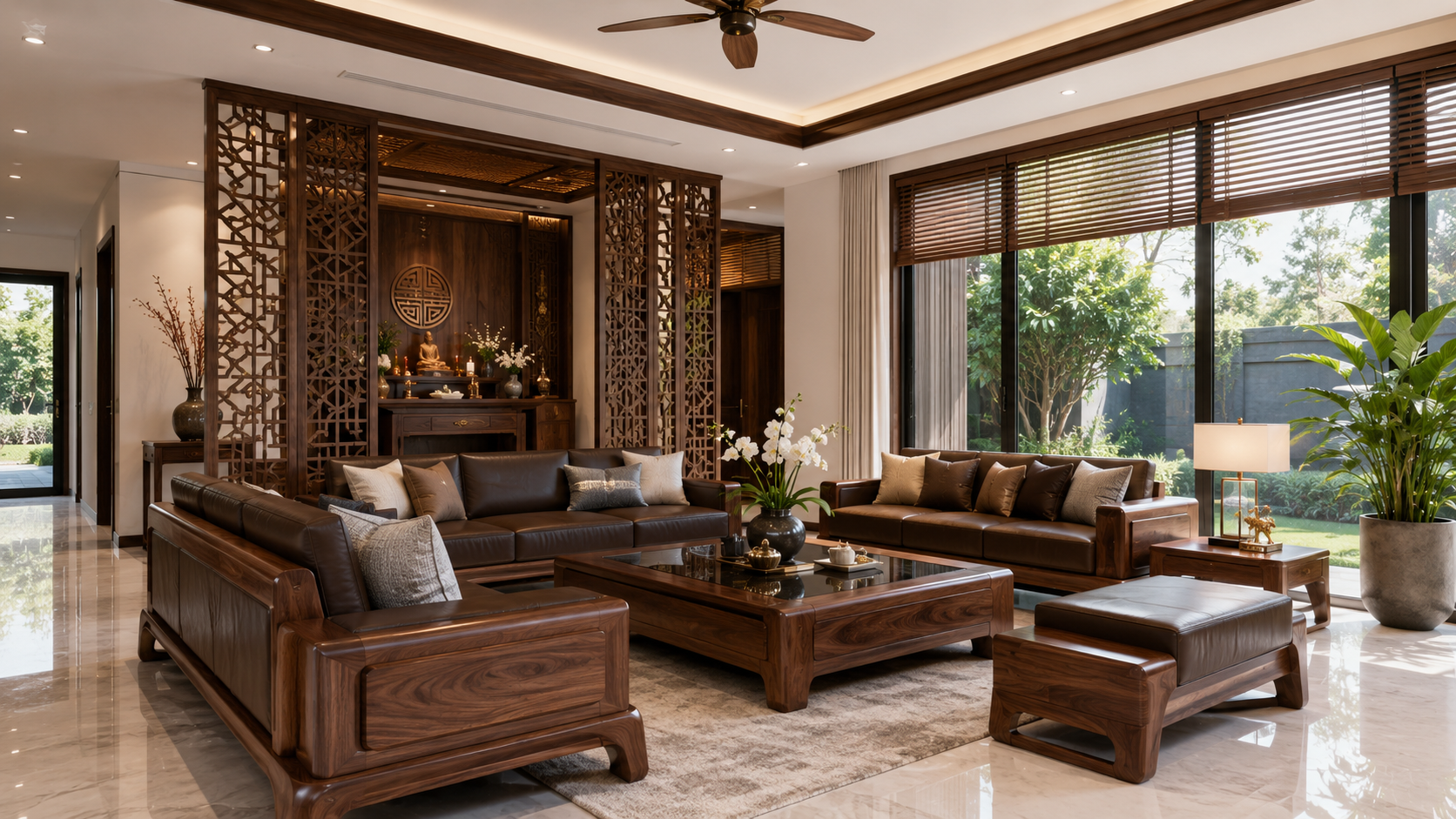 Nội thất phòng khách biệt thự vườn mái Nhật với sofa gỗ óc chó