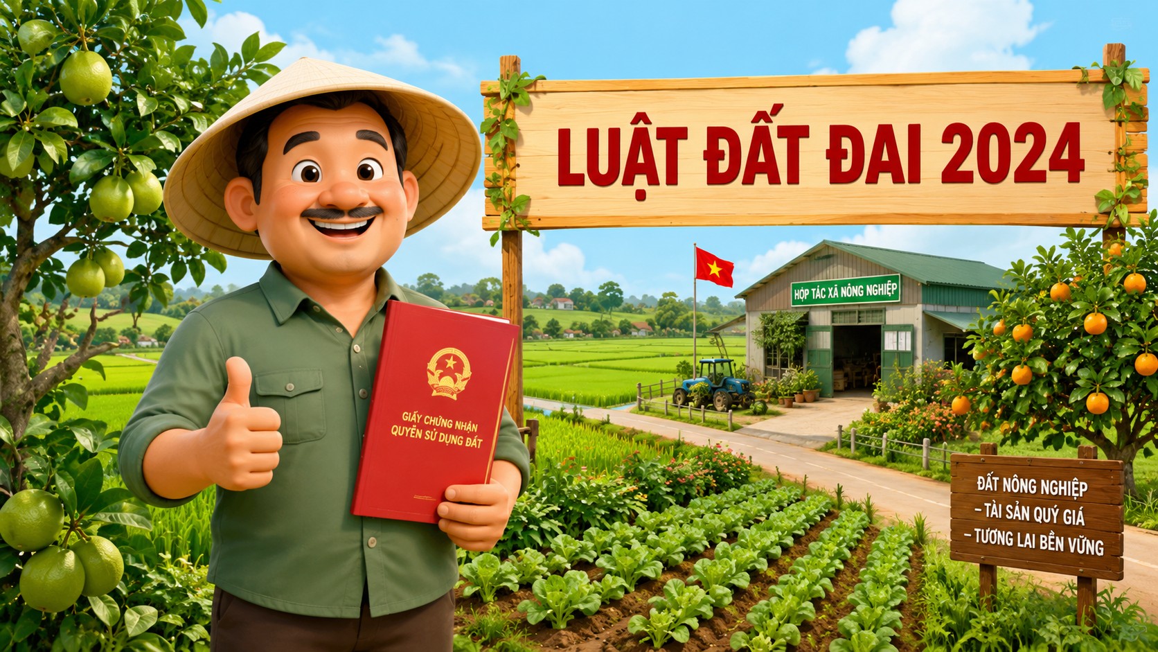 Nông dân vui mừng cầm giấy chứng nhận quyền sử dụng đất nông nghiệp theo Luật Đất đai 2024