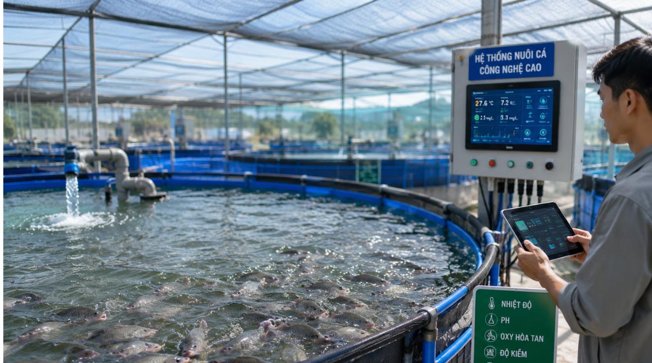 Hệ thống nuôi cá rô phi công nghệ cao sông trong ao tại HTX Xuyên Việt