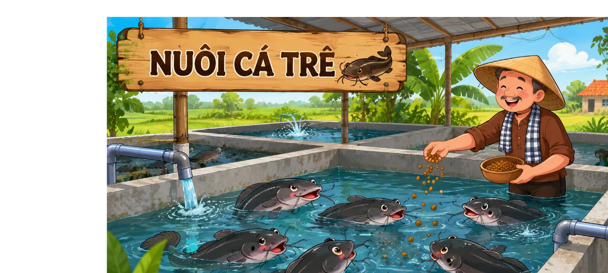 Hình hoạt hình mô hình nuôi cá trê trong bể xi măng vui nhộn