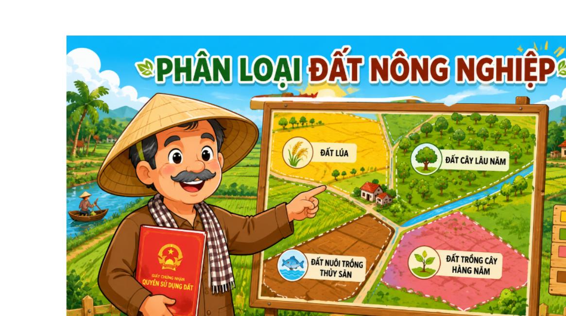 Hình hoạt hình phân loại đất nông nghiệp gồm đất lúa, đất cây lâu năm, đất trồng cây hàng năm
