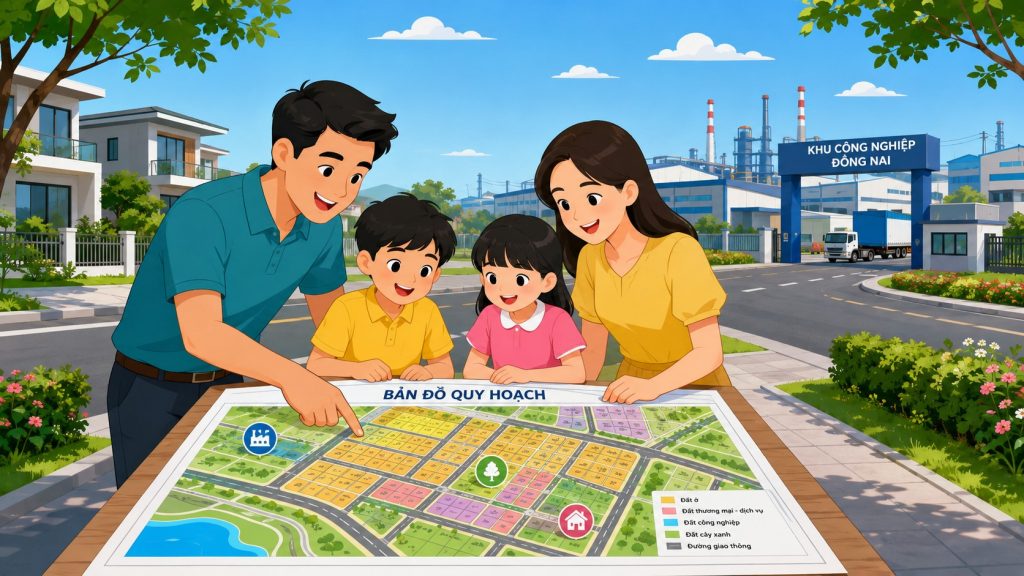 Gia đình xem bản đồ quy hoạch để đầu tư bất động sản gần khu công nghiệp Đồng Nai