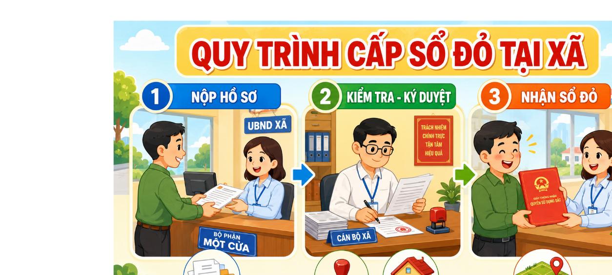 Quy trình cấp sổ đỏ tại xã gồm nộp hồ sơ, ký duyệt và nhận sổ đỏ