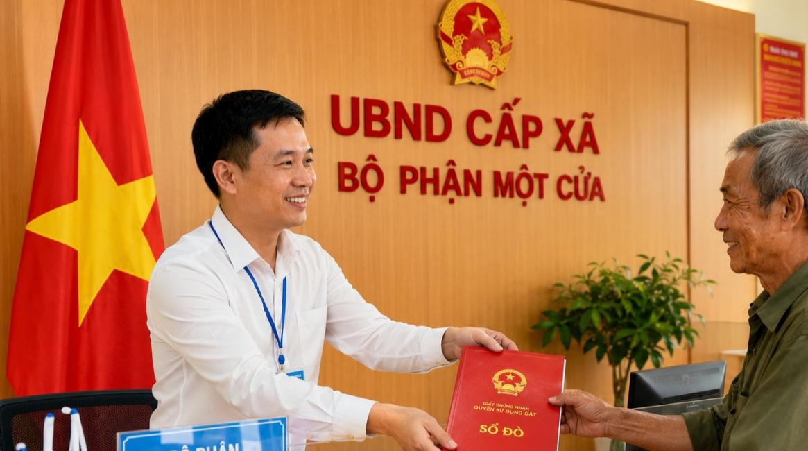 Cán bộ UBND cấp xã trao sổ đỏ cho người dân từ ngày 01/05/2025