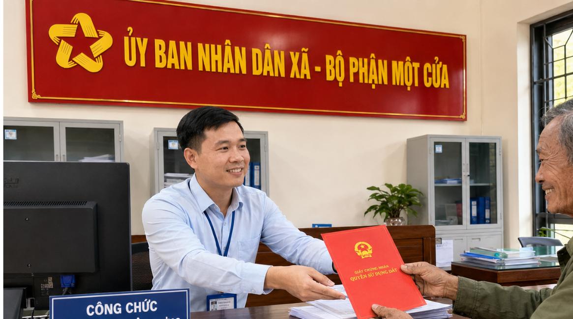Cán bộ xã trao sổ đỏ cho người dân tại bộ phận một cửa UBND xã
