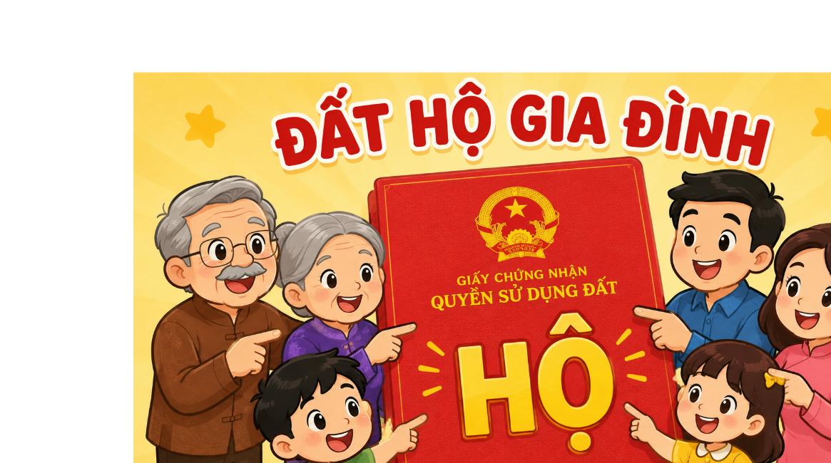 Minh họa hoạt hình đất hộ gia đình và chữ Hộ trên sổ đỏ