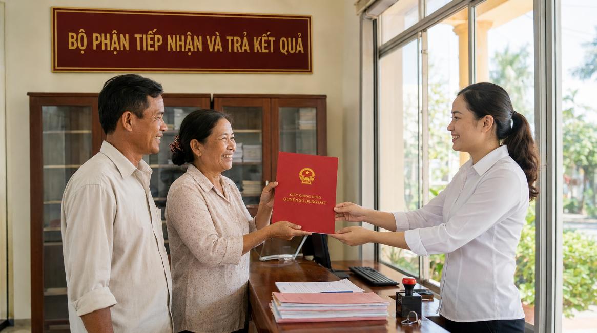 Sổ đỏ đất không giấy tờ được cán bộ địa chính trao cho vợ chồng nông dân tại UBND xã