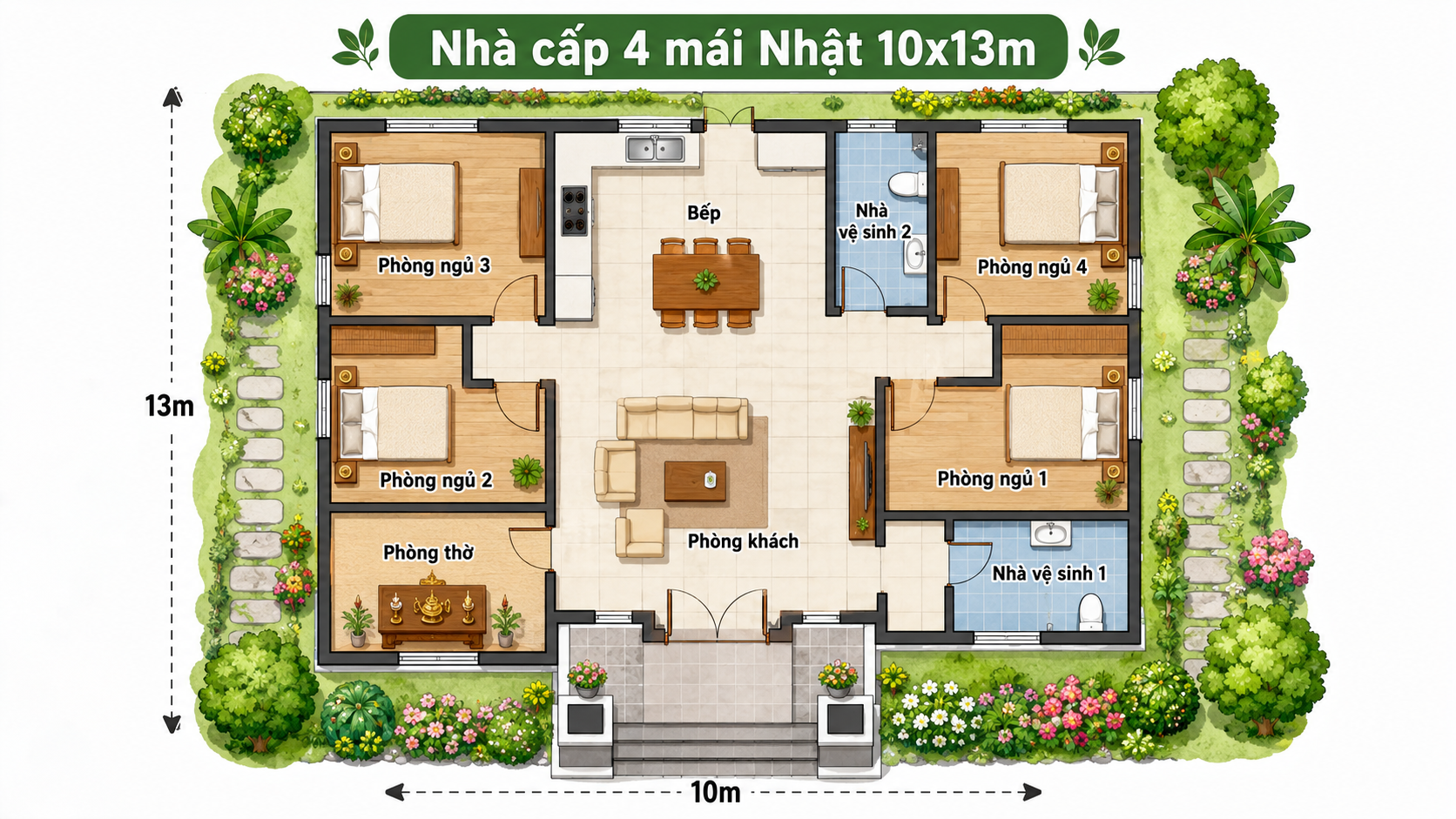Sơ đồ mặt bằng nhà cấp 4 mái Nhật 10x13m bố trí 4 phòng ngủ
