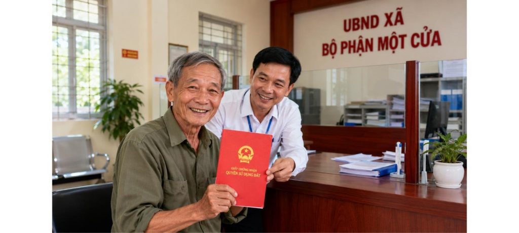 Sổ đỏ – bác nông dân nhận sổ đỏ tại UBND cấp xã từ năm 2025
