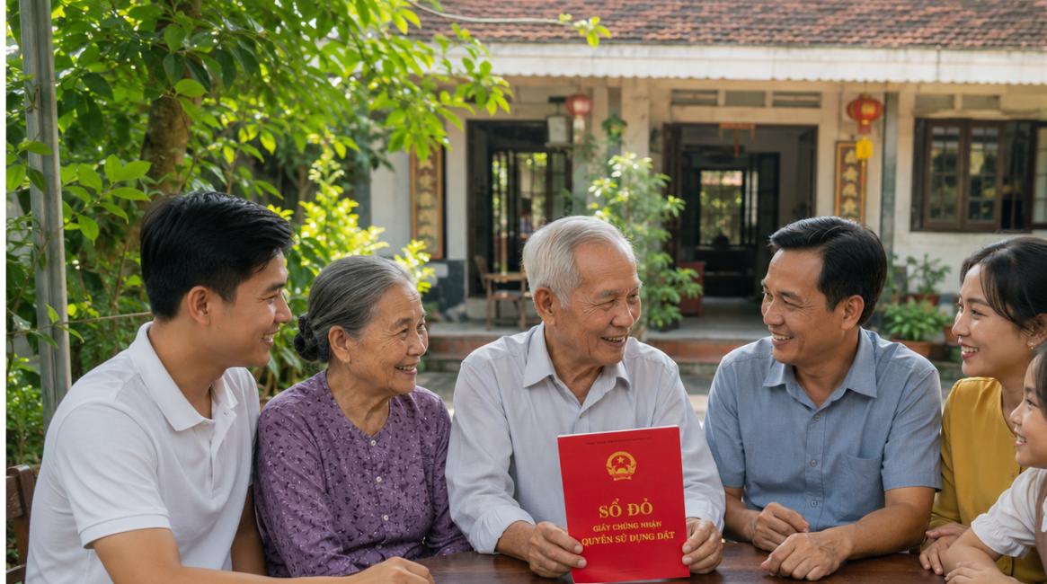 Gia đình Việt Nam quây quần bàn chuyện thừa kế đất đai bên cuốn sổ đỏ