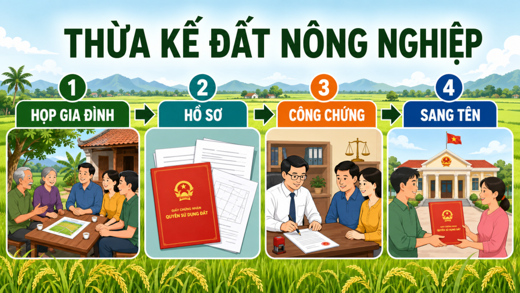 4 bước thủ tục thừa kế đất nông nghiệp: họp gia đình, hồ sơ, công chứng, sang tên