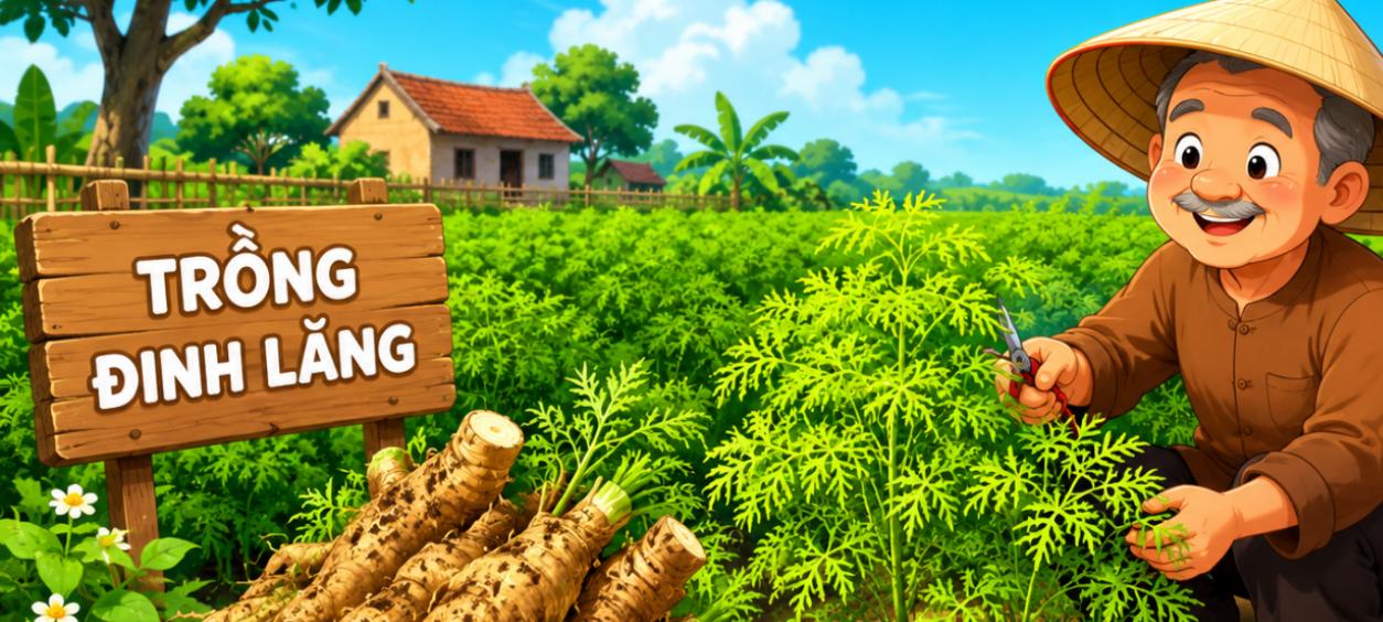 Minh họa hoạt hình mô hình trồng đinh lăng và củ đinh lăng