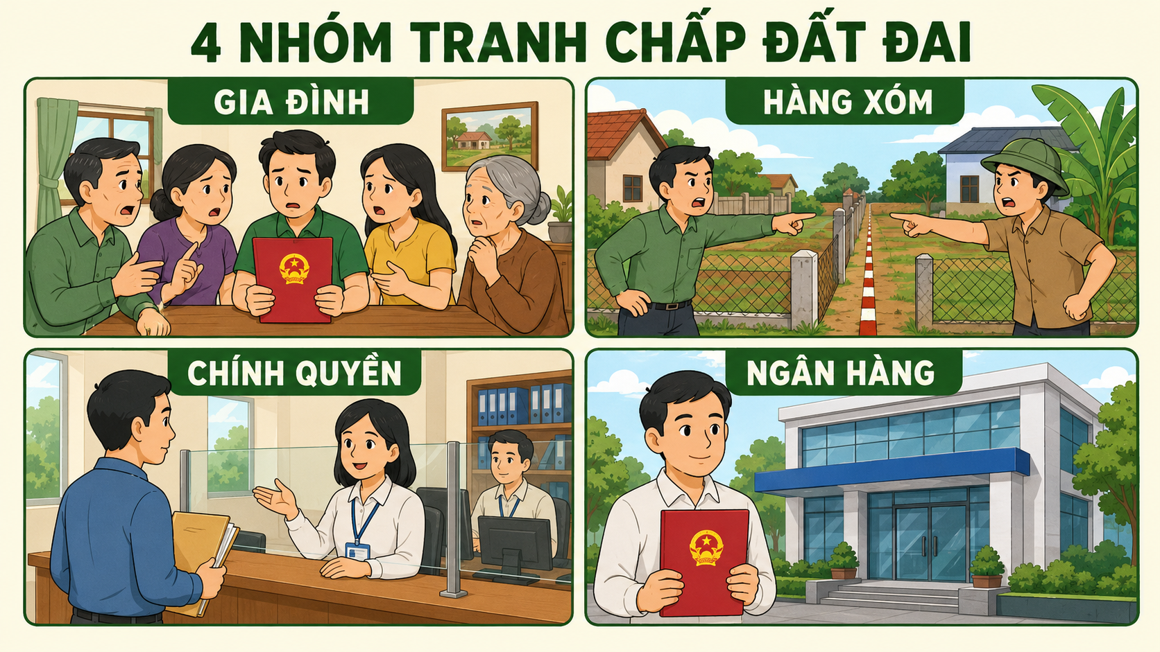 Infographic 4 nhóm tranh chấp đất đai gồm gia đình, hàng xóm, chính quyền và ngân hàng