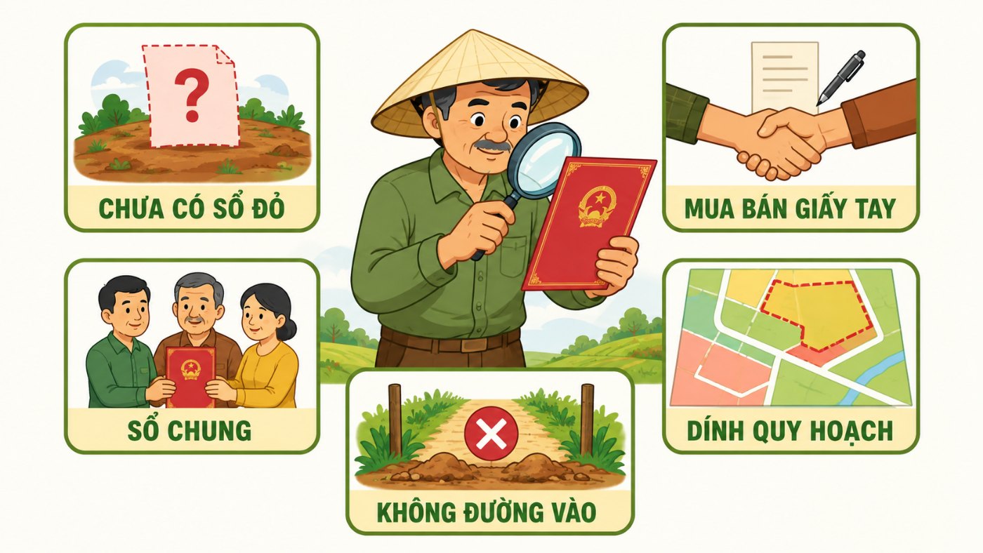 Minh họa 5 nhóm đất nông nghiệp rủi ro: chưa có sổ đỏ, mua bán giấy tay, sổ chung, dính quy hoạch, không đường vào