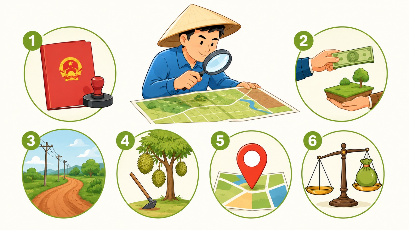 Infographic 6 tiêu chí vàng khi đầu tư bất động sản: pháp lý, thanh khoản, hạ tầng, công năng, vị trí, giá