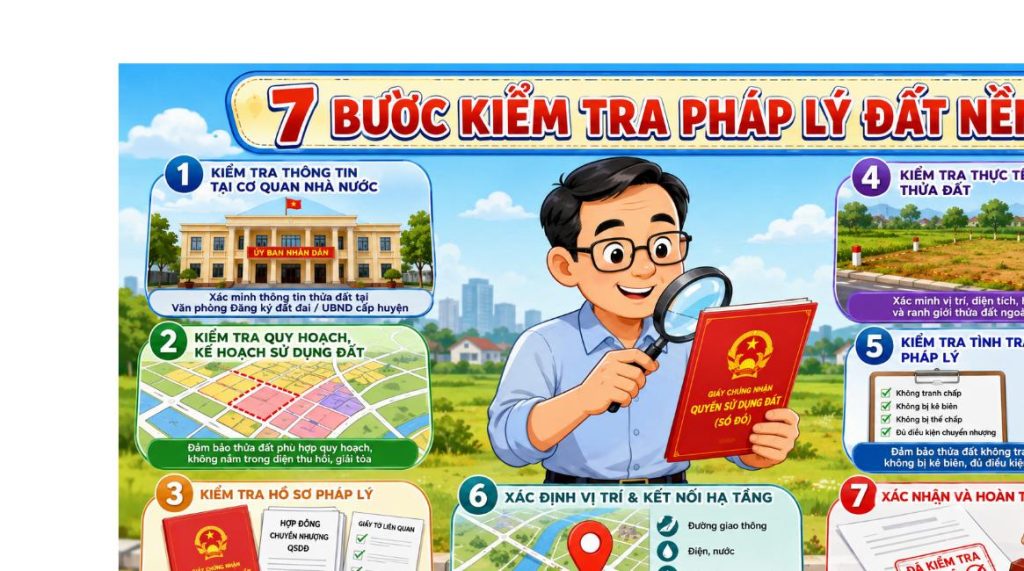 7 bước kiểm tra pháp lý đất nền Đồng Nai minh họa hoạt hình