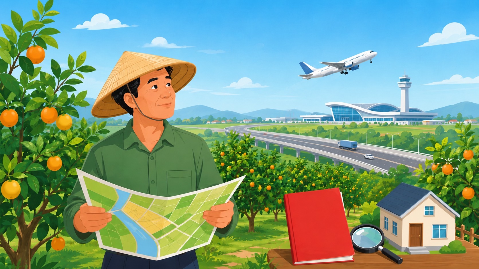 Minh họa bất động sản Long Thành: nhà vườn cầm bản đồ quy hoạch bên vườn cây ăn trái