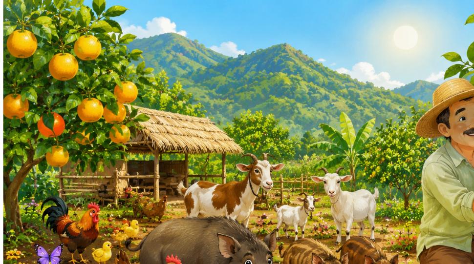 Bỏ phố về quê: minh họa khu vườn canh tác hữu cơ với cây trái, vật nuôi thả rông và thiên địch