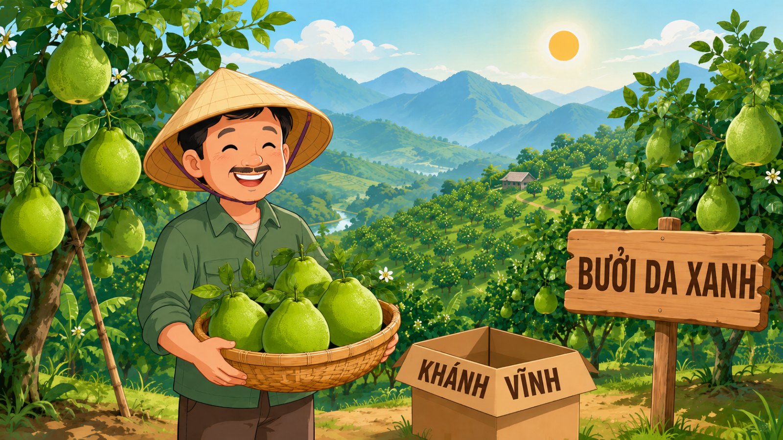 Bưởi da xanh Khánh Vĩnh - ảnh hoạt hình nhà vườn thu hoạch và đóng gói