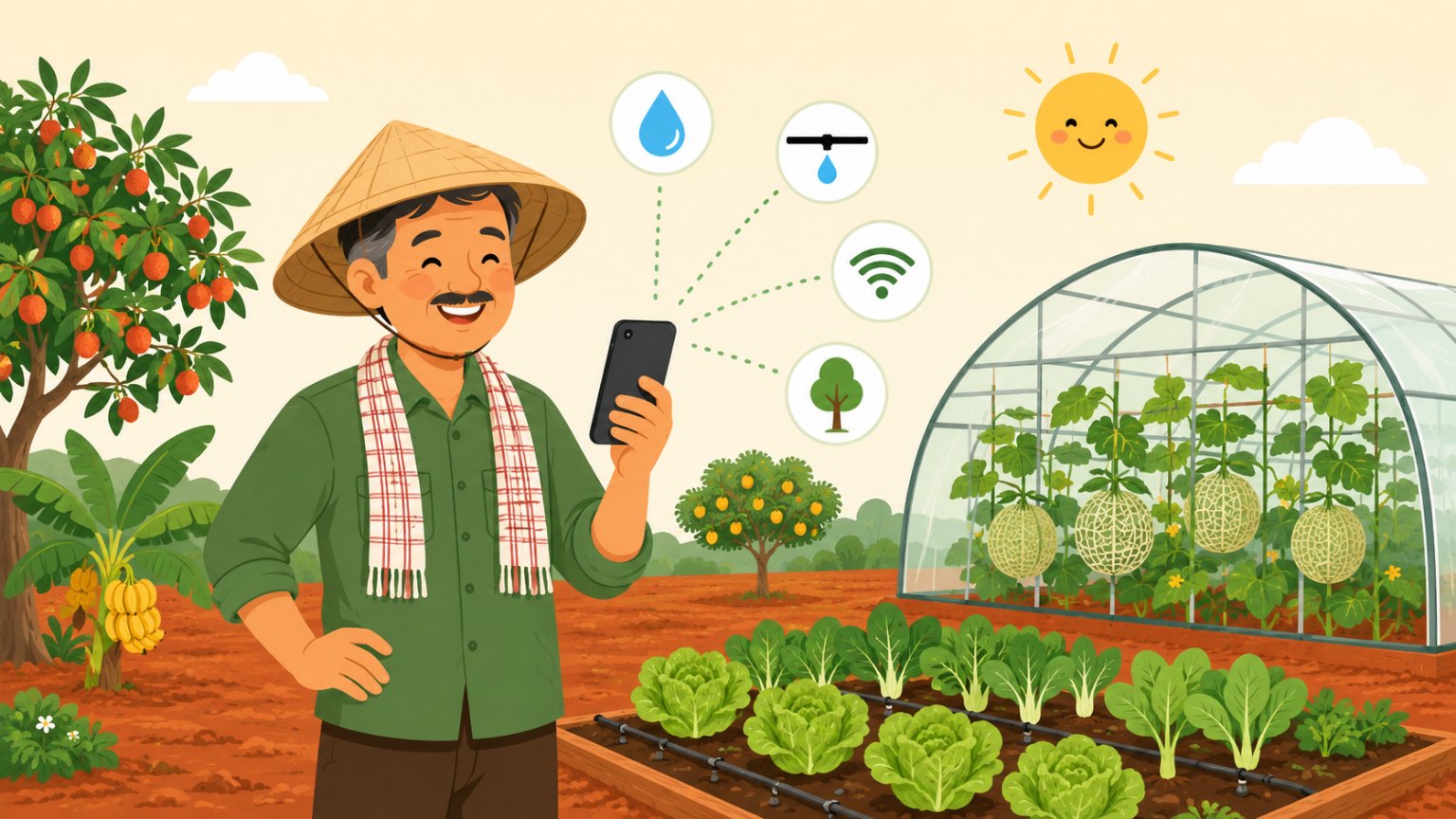 Minh họa đất nông nghiệp công nghệ cao ở Đồng Nai: bác nông dân điều khiển tưới bằng điện thoại
